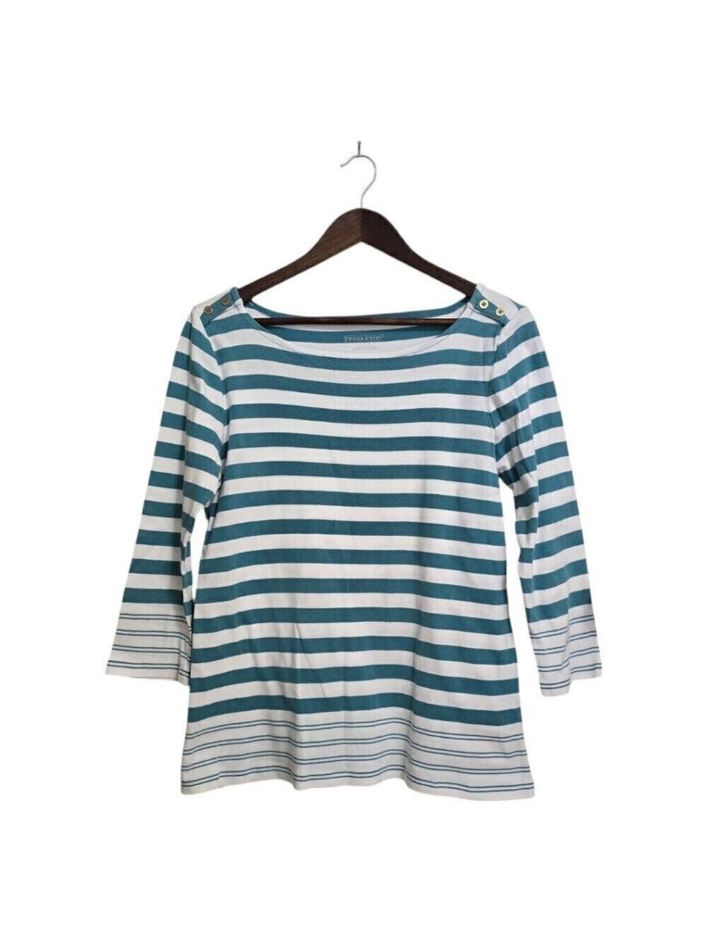 Pendleton Teal Striped Boatneck 3/4 Sleeve T-Shirt Sz S